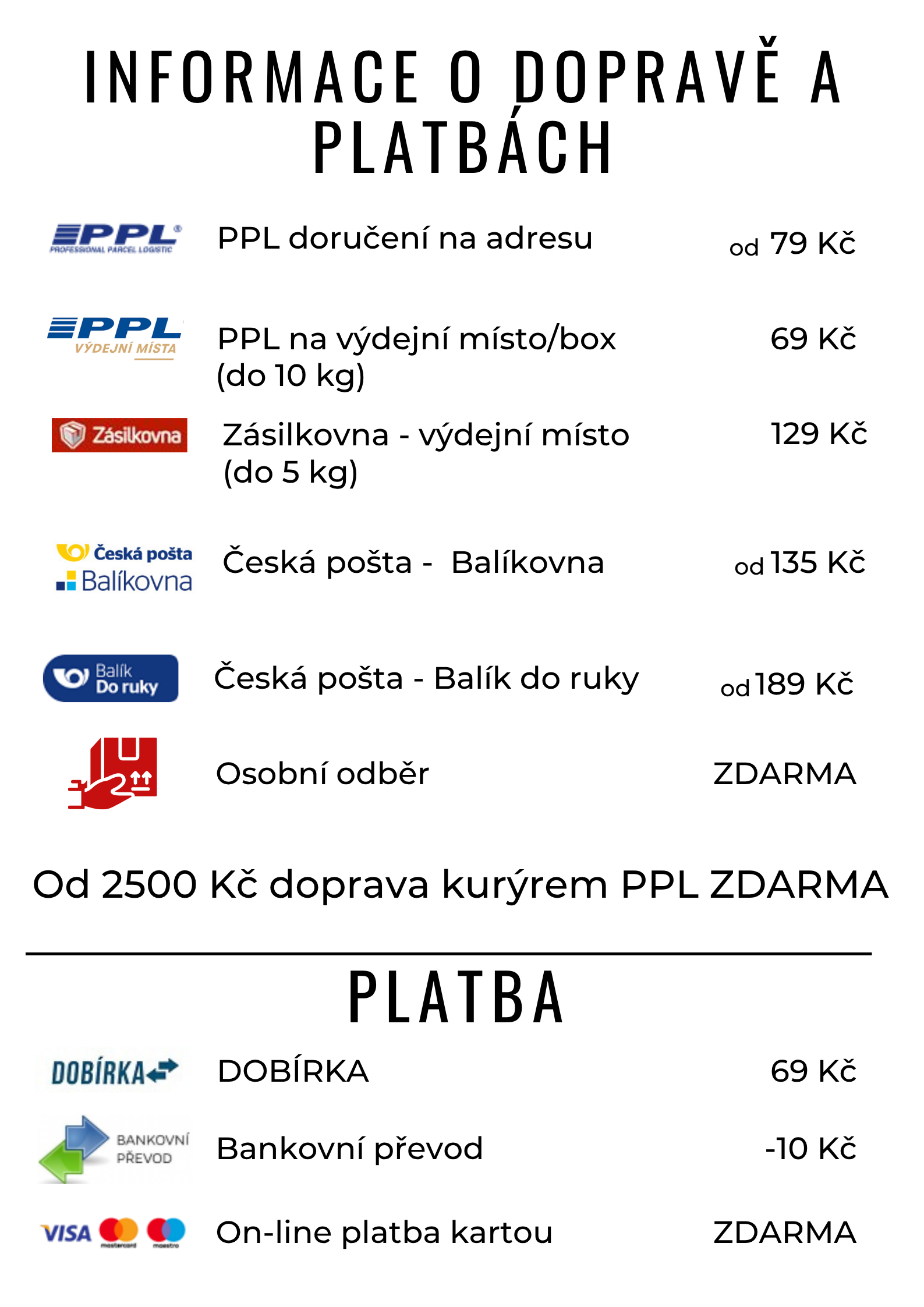 Informace o dopravě a platbách NEW